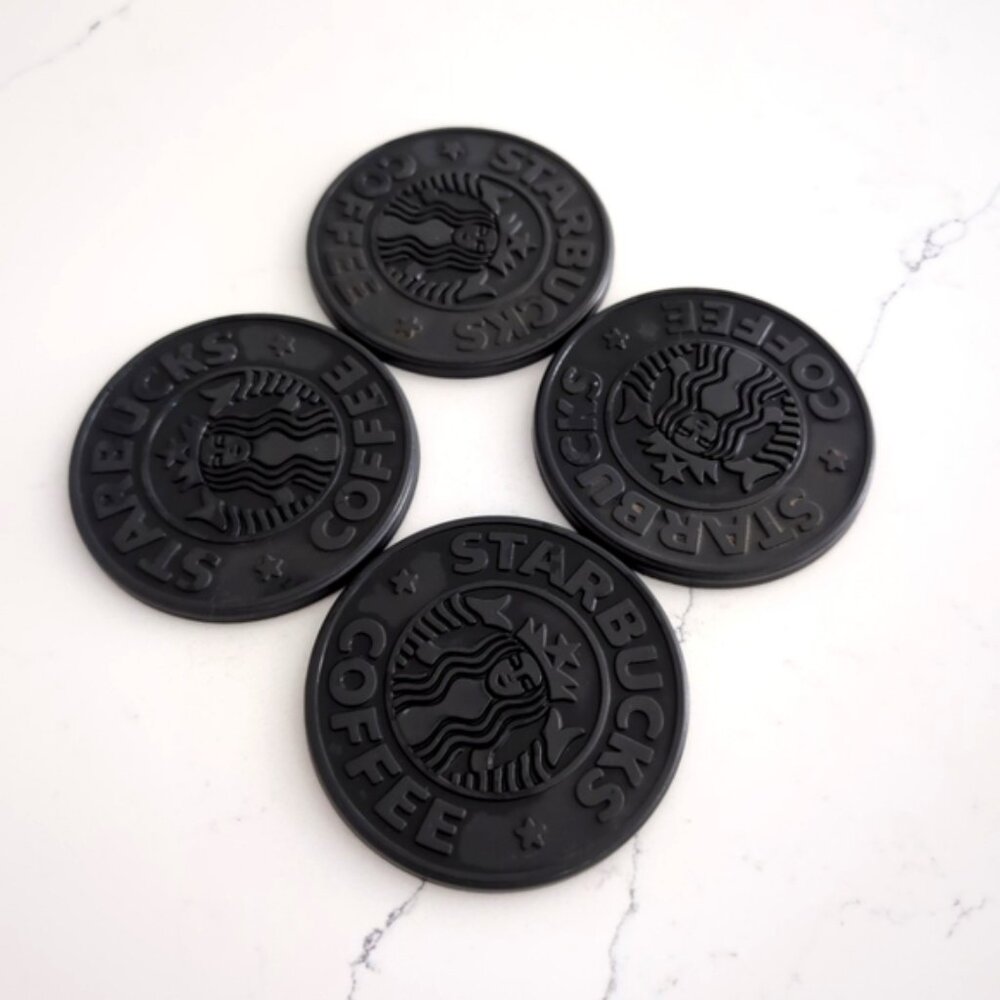 Vintage (4) STARBUCKS COFFEE Logo Black Rubber Coaster UMBRA Round Canada 1988